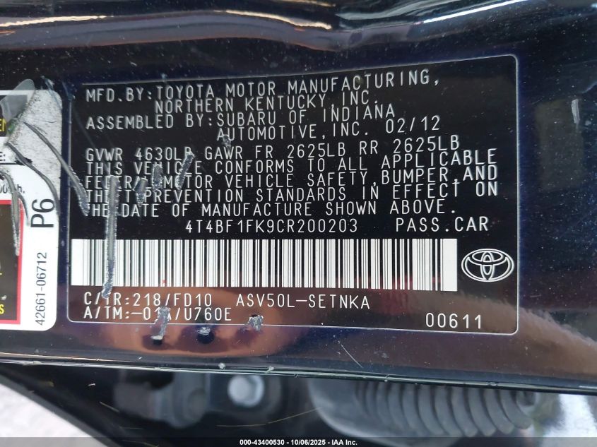 2012 Toyota Camry Le VIN: 4T4BF1FK9CR200203 Lot: 43400530