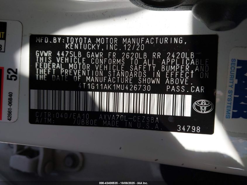 2021 Toyota Camry Se VIN: 4T1G11AK1MU426730 Lot: 43400535