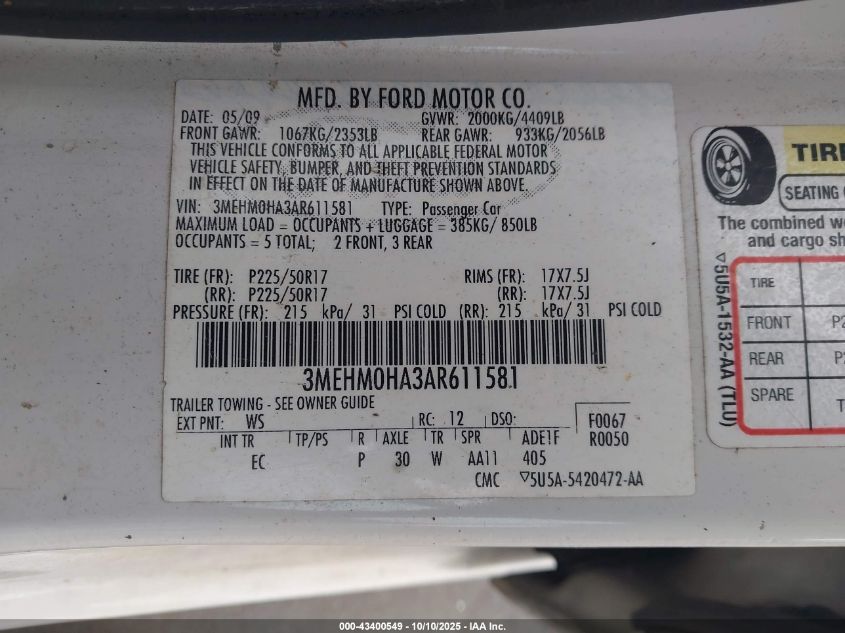 2010 Mercury Milan VIN: 3MEHM0HA3AR611581 Lot: 43400549