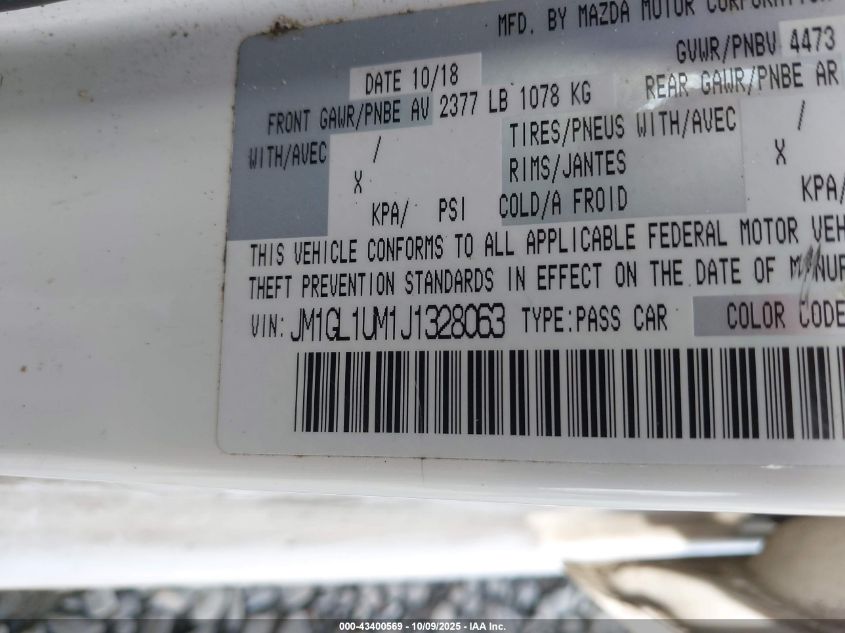 2018 Mazda Mazda6 Sport VIN: JM1GL1UM1J1328063 Lot: 43400569