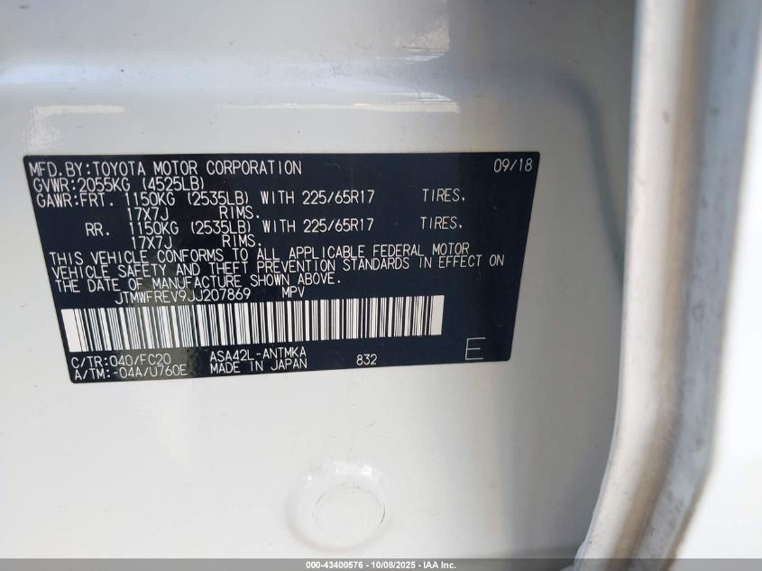 2018 Toyota Rav4 Xle VIN: JTMWFREV9JJ207869 Lot: 43400576