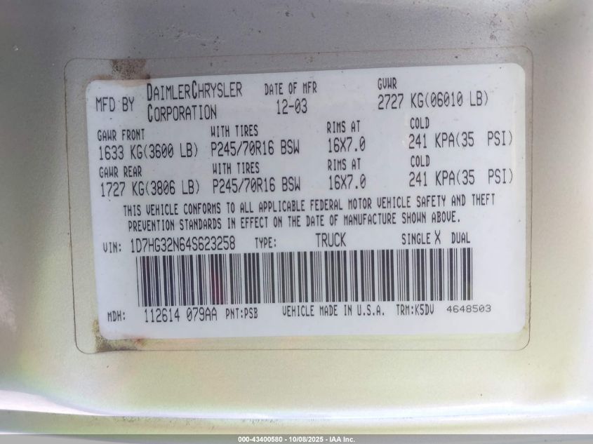 2004 Dodge Dakota Sport VIN: 1D7HG32N64S623258 Lot: 43400580