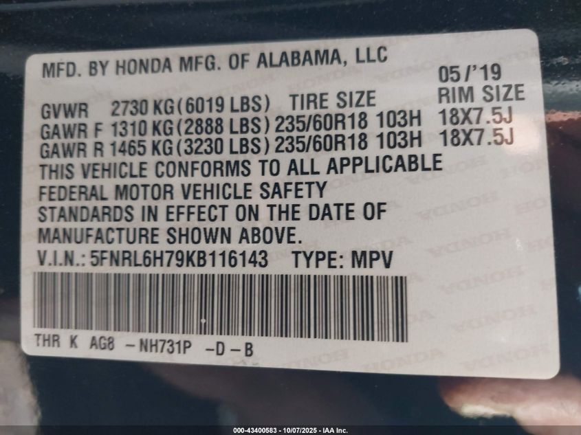 2019 Honda Odyssey Ex-L VIN: 5FNRL6H79KB116143 Lot: 43400583