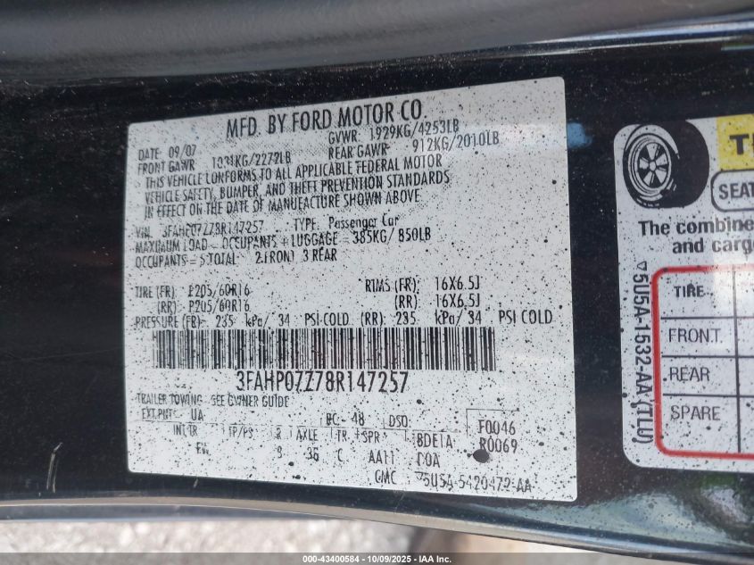 2008 Ford Fusion Se VIN: 3FAHP07Z78R147257 Lot: 43400584