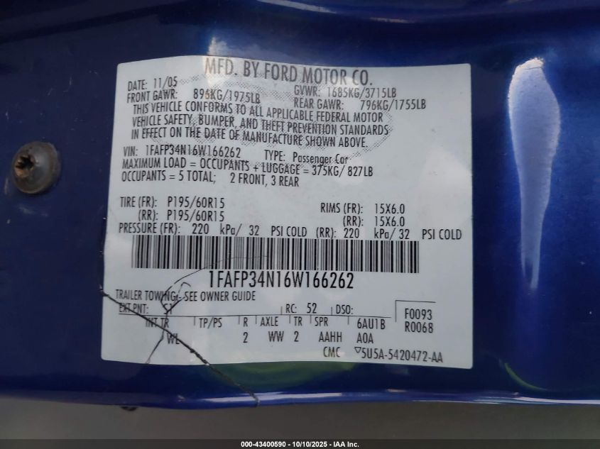 2006 Ford Focus Zx4 VIN: 1FAFP34N16W166262 Lot: 43400590