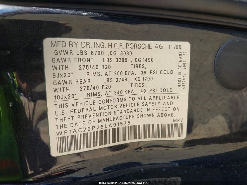 2006 Porsche Cayenne Turbo/Turbo S VIN: WP1AC29P26LA91575 Lot: 43400591