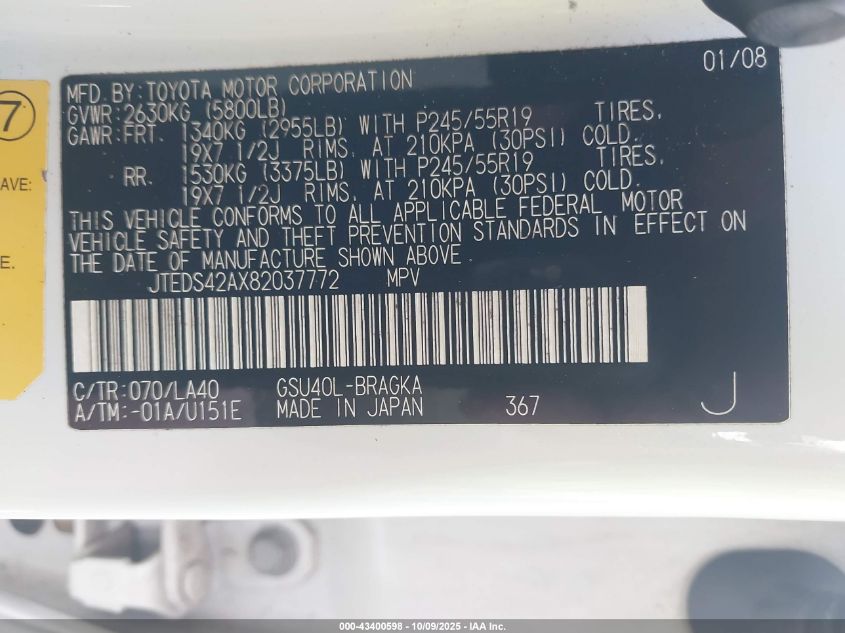 2008 Toyota Highlander Limited VIN: JTEDS42AX82037772 Lot: 43400598