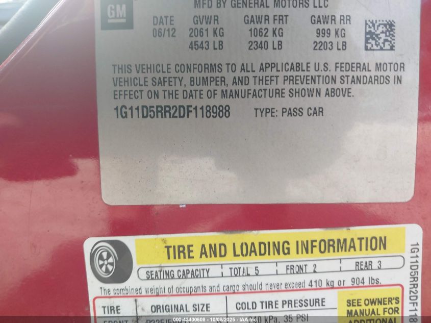 2013 Chevrolet Malibu Eco VIN: 1G11D5RR2DF118988 Lot: 43400608