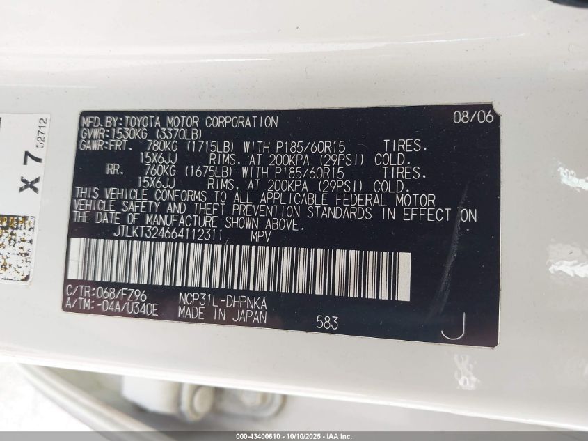 2006 Scion Xb VIN: JTLKT324664112311 Lot: 43400610