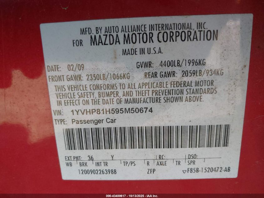 2009 Mazda Mazda6 I Sport VIN: 1YVHP81H595M50674 Lot: 43400617