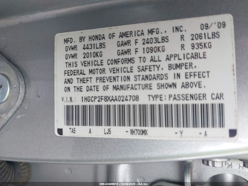 2010 Honda Accord 2.4 Ex-L VIN: 1HGCP2F8XAA024708 Lot: 43400619