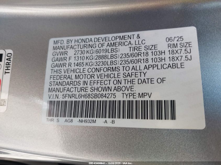 2025 Honda Odyssey Ex-L VIN: 5FNRL6H68SB084275 Lot: 43400641