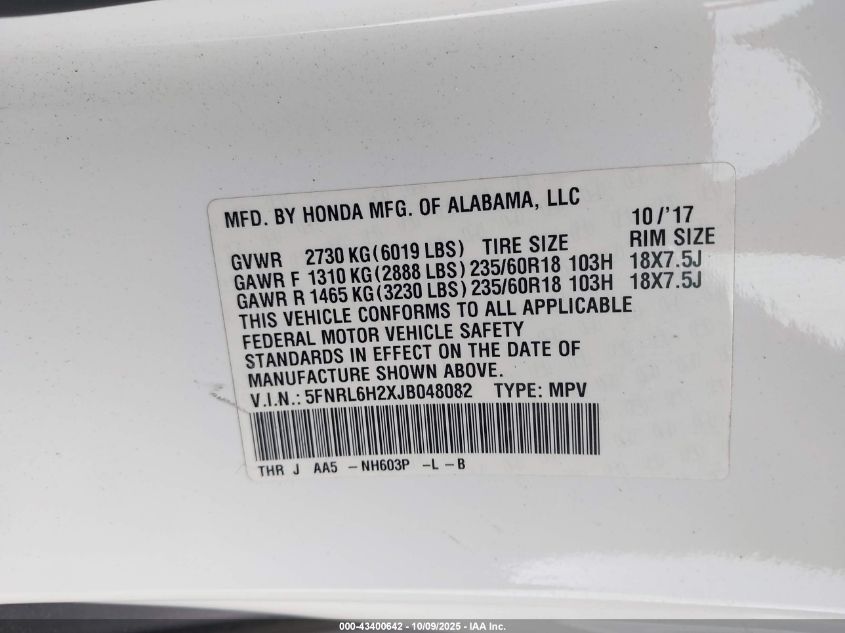 2018 Honda Odyssey Lx VIN: 5FNRL6H2XJB048082 Lot: 43400642