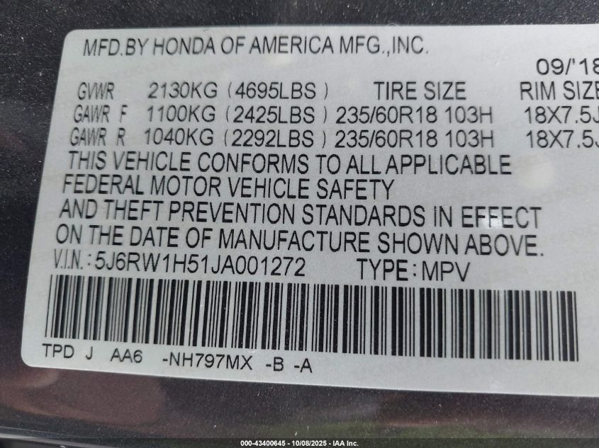 2018 Honda Cr-V Ex VIN: 5J6RW1H51JA001272 Lot: 43400645