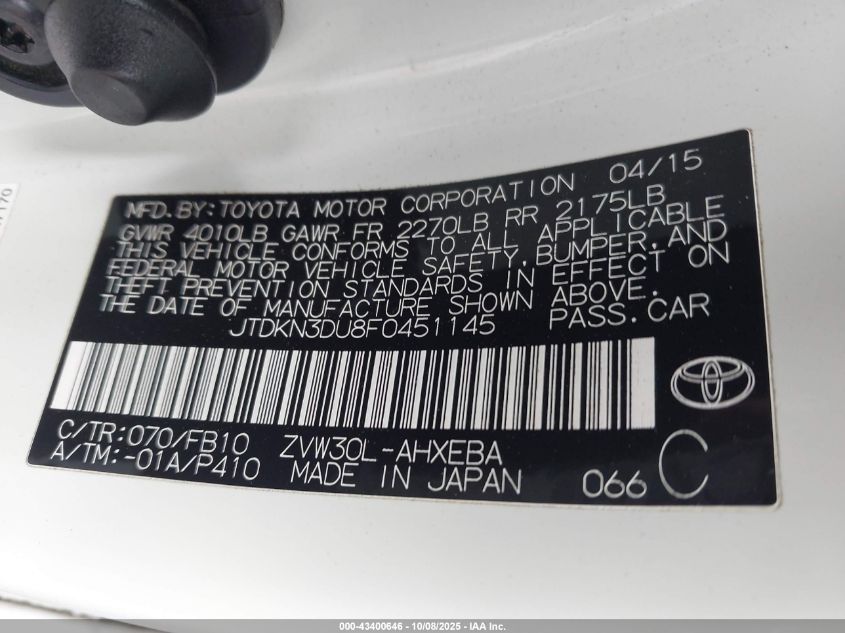 2015 Toyota Prius Two VIN: JTDKN3DU8F0451145 Lot: 43400646
