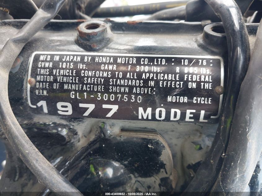 1977 Honda Gold Wing VIN: GL13007530 Lot: 43400652