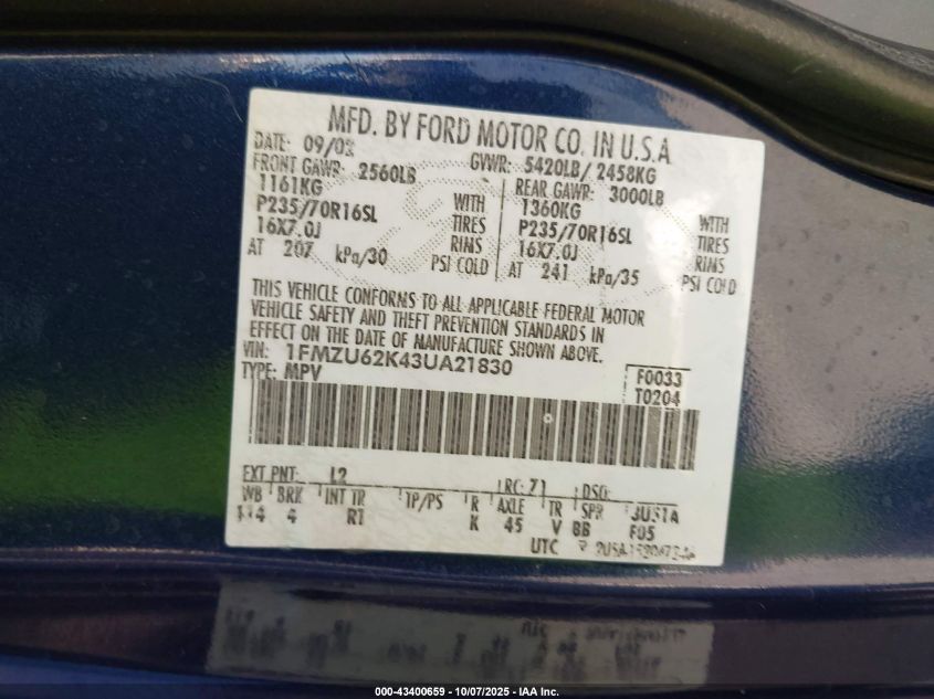 2003 Ford Explorer Xls VIN: 1FMZU62K43UA21830 Lot: 43400659