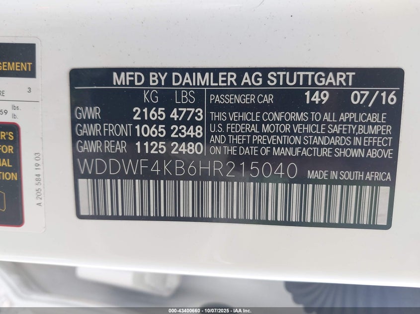 2017 Mercedes-Benz C 300 4Matic VIN: WDDWF4KB6HR215040 Lot: 43400660