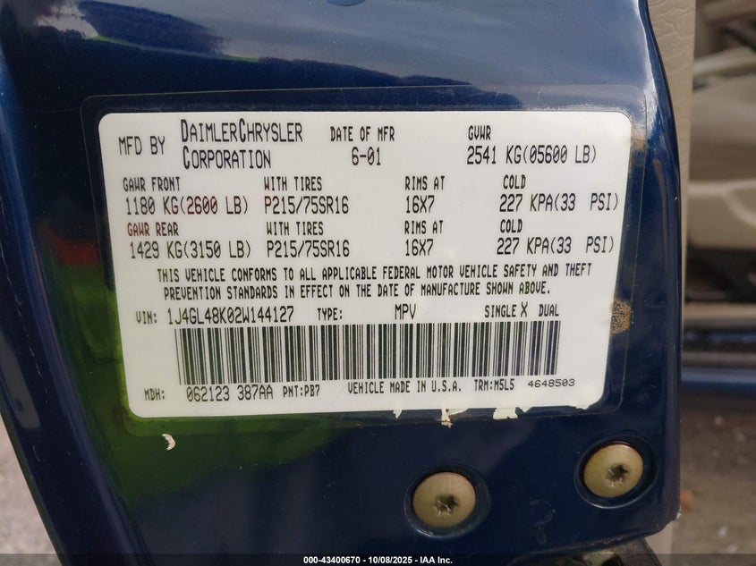 2002 Jeep Liberty Sport VIN: 1J4GL48K02W144127 Lot: 43400670