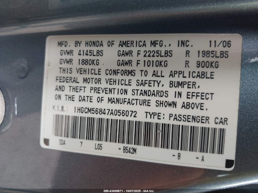 2007 Honda Accord 2.4 Ex VIN: 1HGCM56847A056072 Lot: 43400671