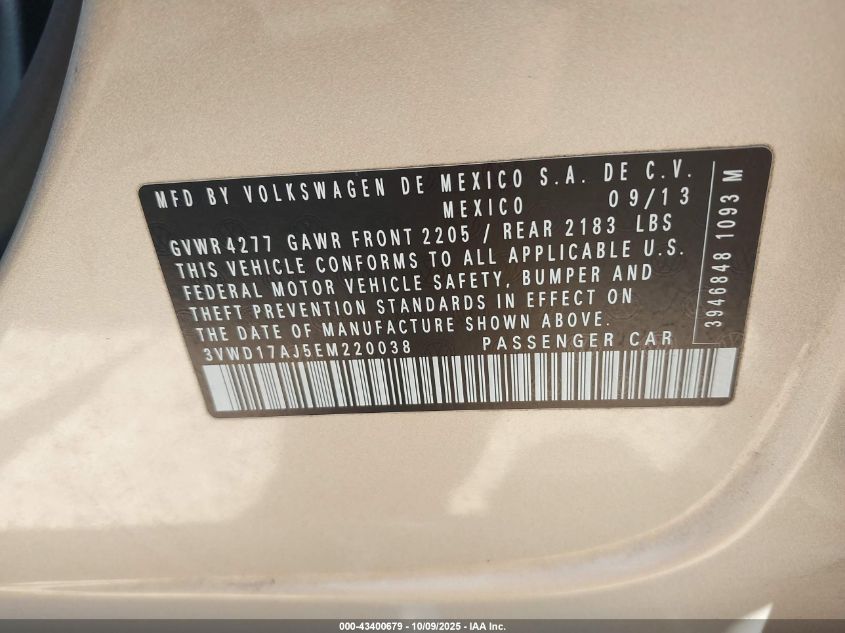 2014 Volkswagen Jetta 1.8T Se VIN: 3VWD17AJ5EM220038 Lot: 43400679