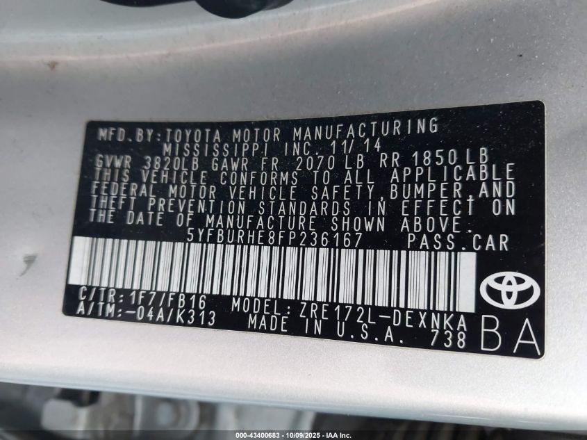 2015 Toyota Corolla Le VIN: 5YFBURHE8FP236167 Lot: 43400683