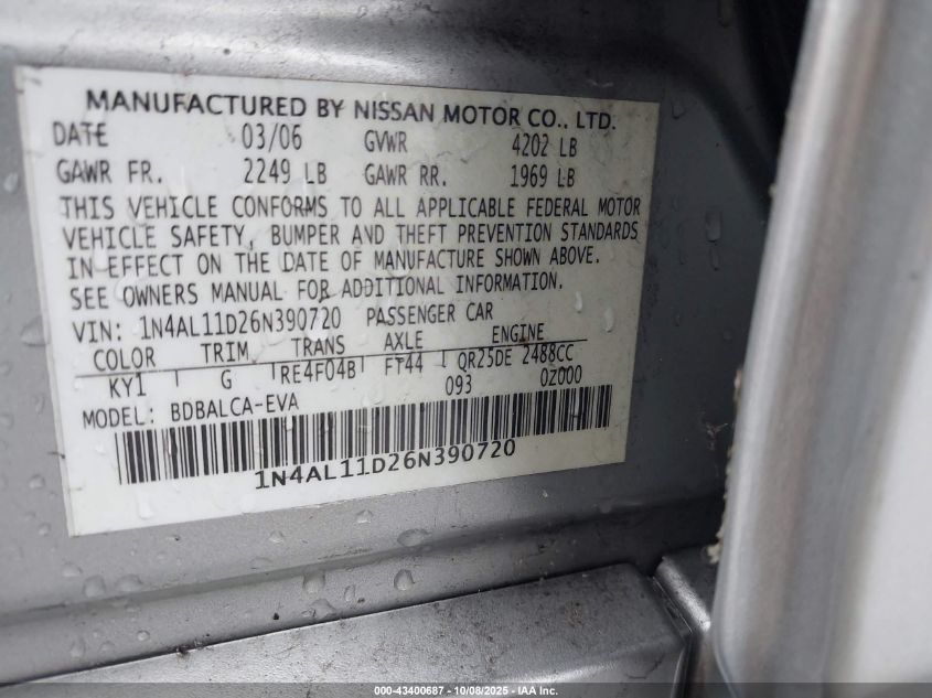 2006 Nissan Altima 2.5 S VIN: 1N4AL11D26N390720 Lot: 43400687