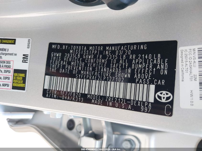 2020 Toyota Corolla Le VIN: 5YFEPRAE2LP127102 Lot: 43400693