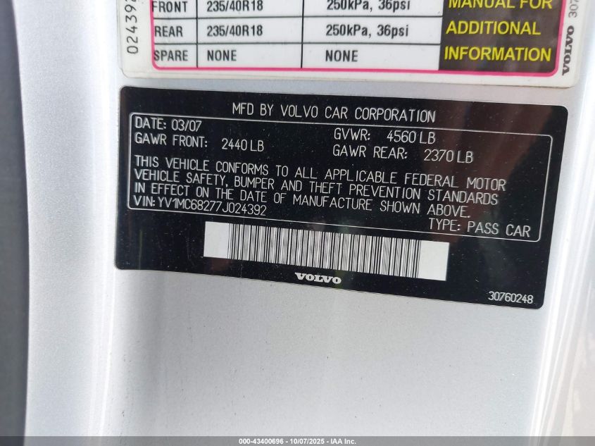 2007 Volvo C70 T5 VIN: YV1MC68277J024392 Lot: 43400696