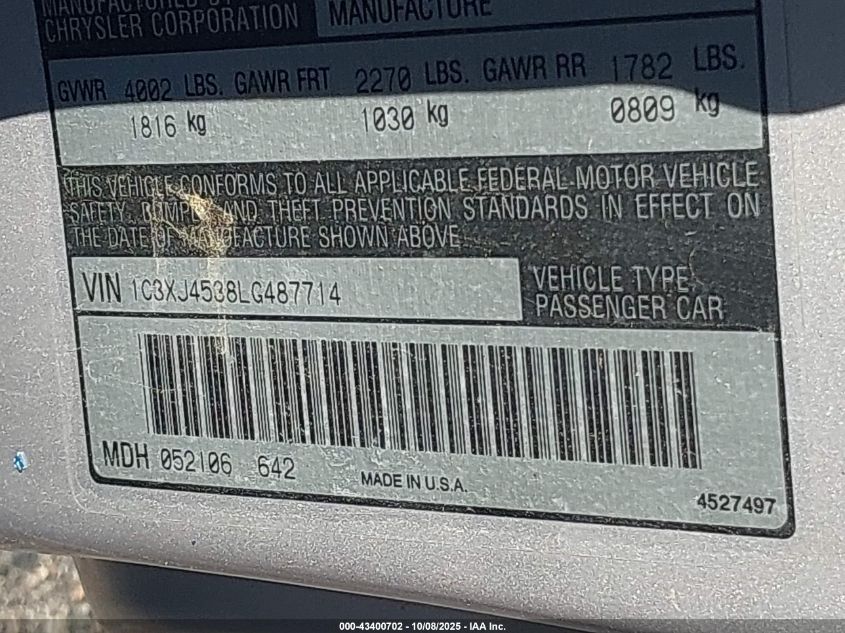 1990 Chrysler Lebaron VIN: 1C3XJ4538LG487714 Lot: 43400702