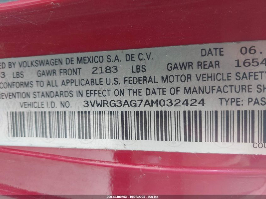 2010 Volkswagen New Beetle 2.5L VIN: 3VWRG3AG7AM032424 Lot: 43400703
