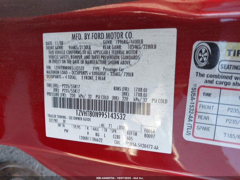 2009 Ford Mustang V6/V6 Premium VIN: 1ZVHT80N995143532 Lot: 43400704