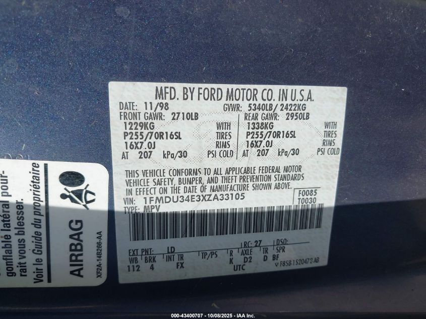 1999 Ford Explorer Eddie Bauer/Limited/Xlt VIN: 1FMDU34E3XZA33105 Lot: 43400707