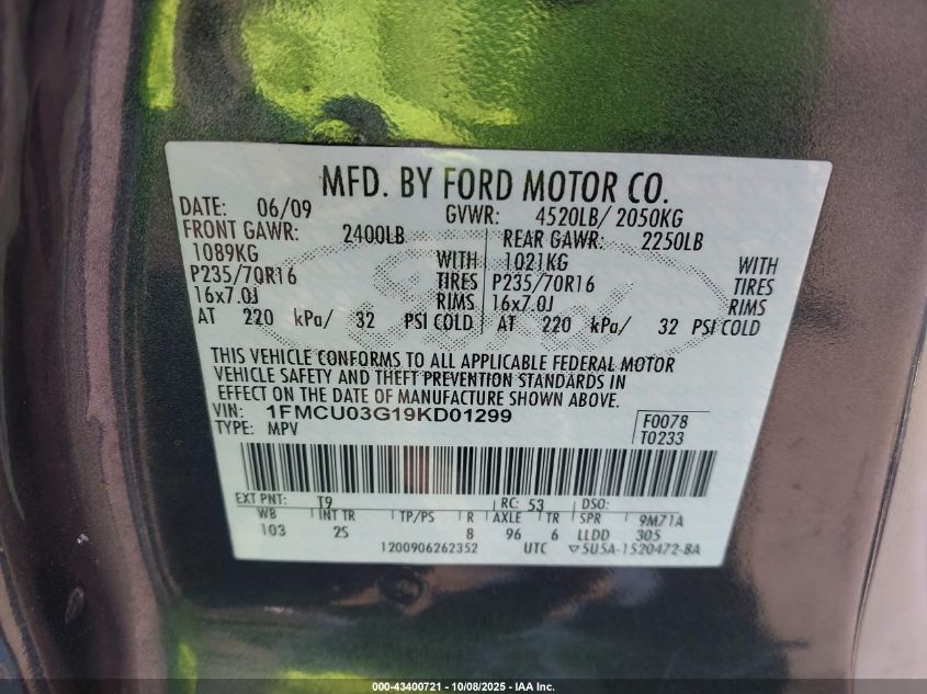 2009 Ford Escape Xlt VIN: 1FMCU03G19KD01299 Lot: 43400721