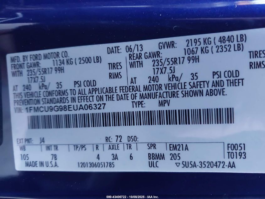 2014 Ford Escape Se VIN: 1FMCU9G98EUA06327 Lot: 43400722