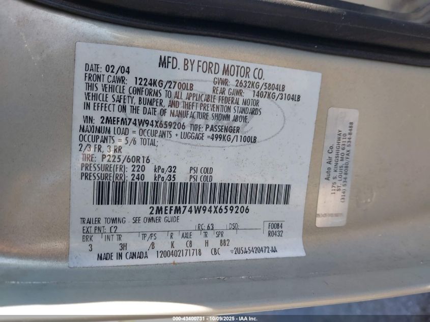 2004 Mercury Grand Marquis Gs VIN: 2MEFM74W94X659206 Lot: 43400731