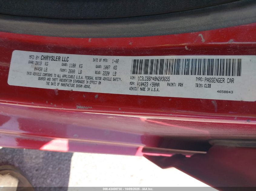 2008 Chrysler Sebring Limited VIN: 1C3LC66M48N203655 Lot: 43400730