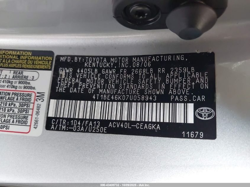 2007 Toyota Camry Xle VIN: 4T1BE46K07U058943 Lot: 43400732