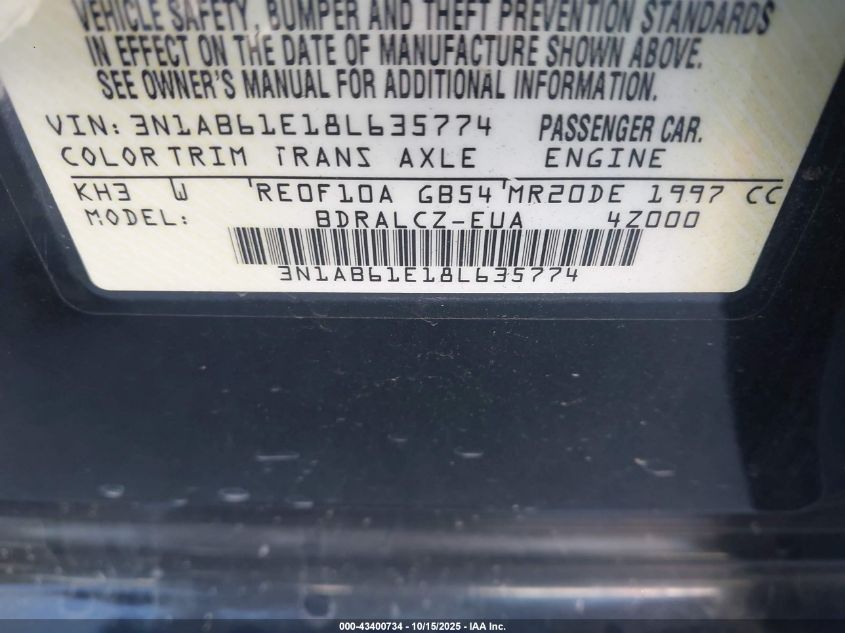 2008 Nissan Sentra 2.0 VIN: 3N1AB61E18L635774 Lot: 43400734