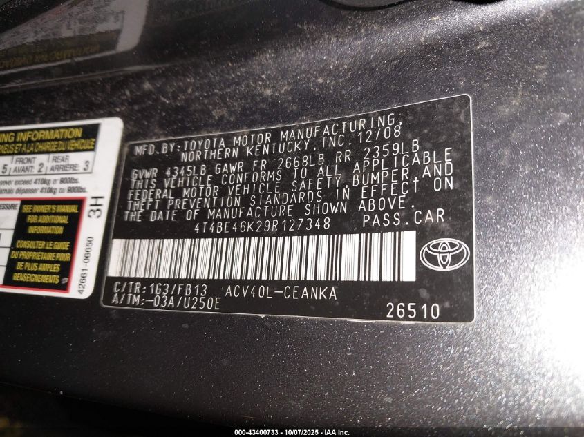 2009 Toyota Camry Le VIN: 4T4BE46K29R127348 Lot: 43400733