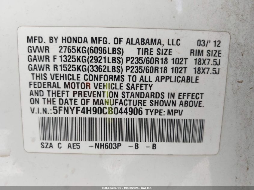 2012 Honda Pilot Touring VIN: 5FNYF4H90CB044906 Lot: 43400736