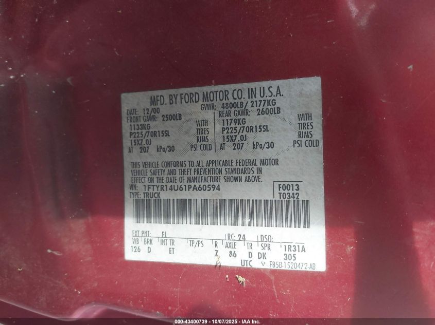 2001 Ford Ranger Edge/Xl/Xlt VIN: 1FTYR14U61PA60594 Lot: 43400739
