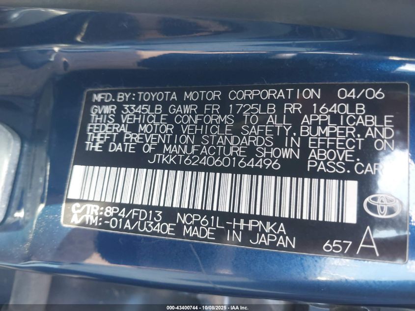 2006 Scion Xa VIN: JTKKT624060164496 Lot: 43400744