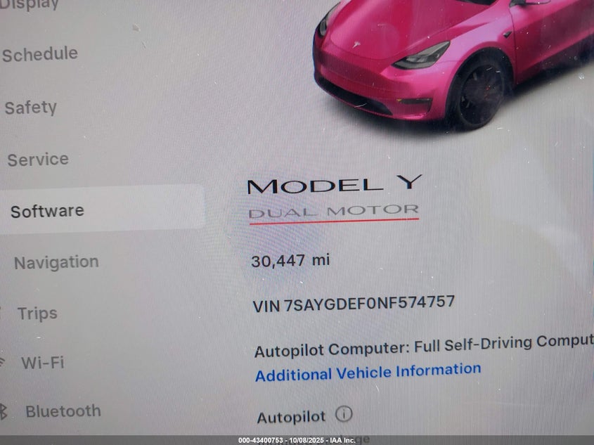 2022 Tesla Model Y Performance Dual Motor All-Wheel Drive VIN: 7SAYGDEF0NF574757 Lot: 43400753