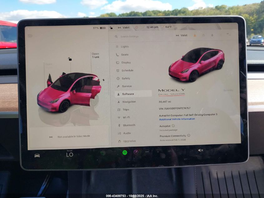 2022 Tesla Model Y Performance Dual Motor All-Wheel Drive VIN: 7SAYGDEF0NF574757 Lot: 43400753