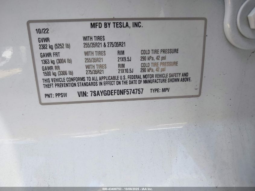 2022 Tesla Model Y Performance Dual Motor All-Wheel Drive VIN: 7SAYGDEF0NF574757 Lot: 43400753