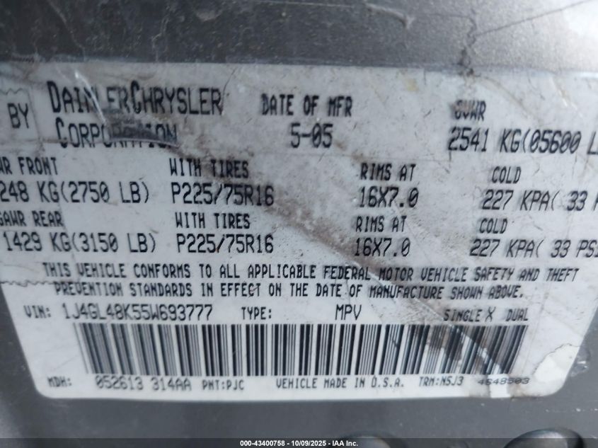 2005 Jeep Liberty Sport VIN: 1J4GL48K55W693777 Lot: 43400758