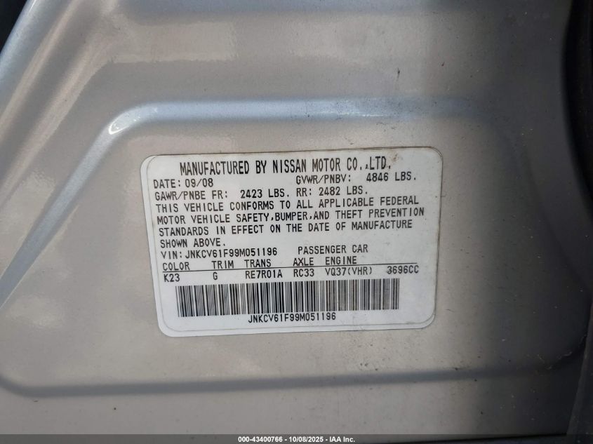 2009 Infiniti G37X VIN: JNKCV61F99M051196 Lot: 43400766