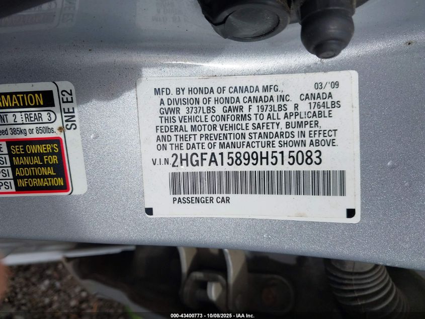 2009 Honda Civic Ex VIN: 2HGFA15899H515083 Lot: 43400773