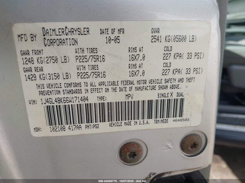 2006 Jeep Liberty Sport VIN: 1J4GL48K66W171404 Lot: 43400778